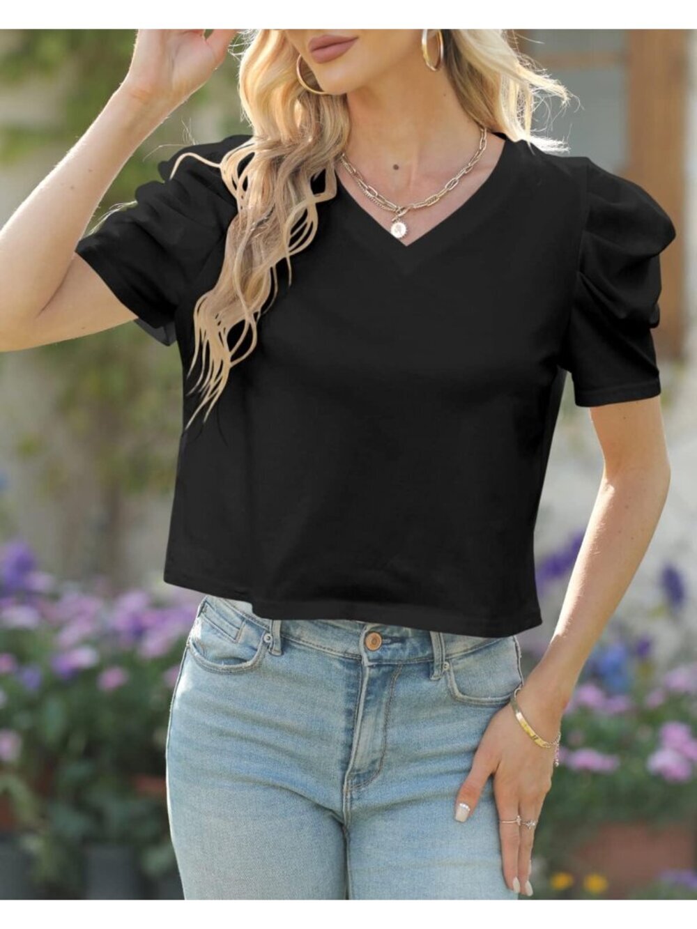 〽️Women's Black 3 Short Sleeve V Neck Cropped Casual Crop Tops T Shirts